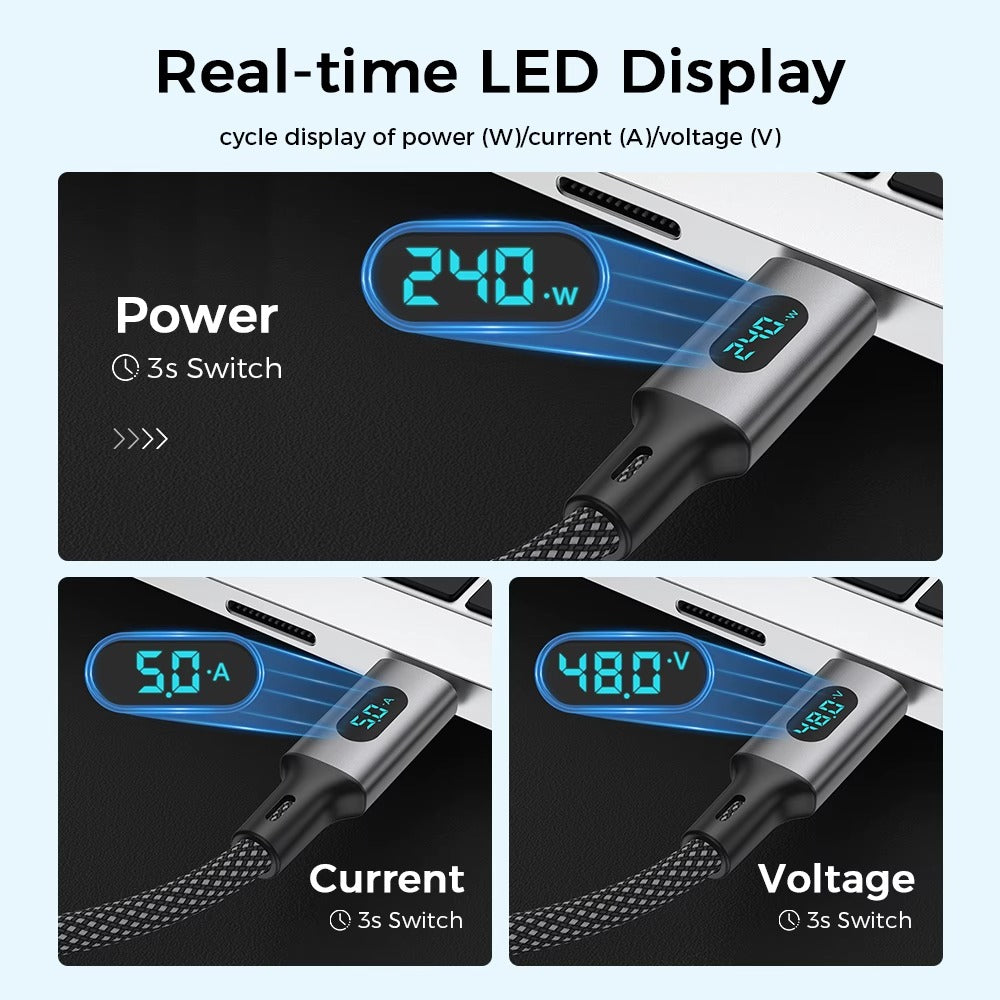 240W Digital Display USB-C to USB-C Braided Fast Charging Cable (1.2m)