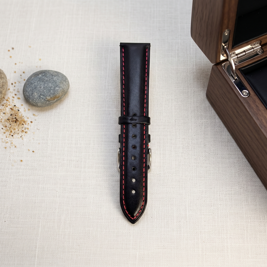 Black Leather Watch Strap With Red Stitch