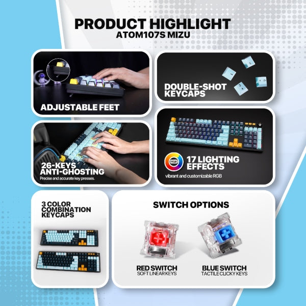 Fantech ATOM107S MK893S Mechanical Gaming Keyboard - Mizu Edition Sky Blue (Red Switch)