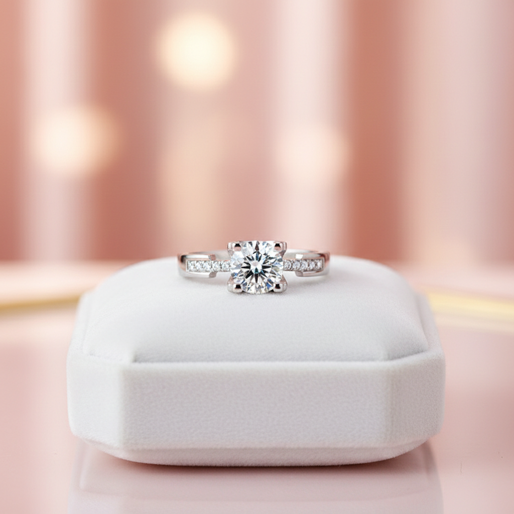 Solitaire: 0.5ct Brilliant Cut Moissanite Ring in Solid 925 Sterling Silver