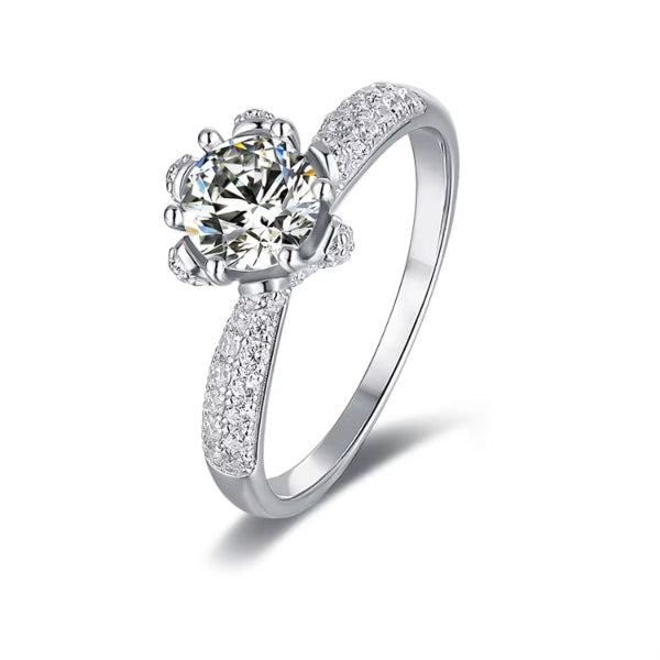 Sterling Silver 1 Carat Moissanite Ring with Pavé Accent Band