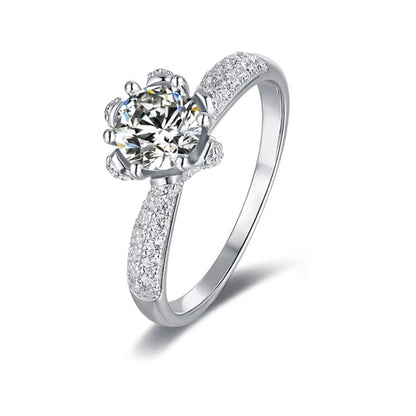 Sterling Silver 1 Carat Moissanite Ring with Pavé Accent Band