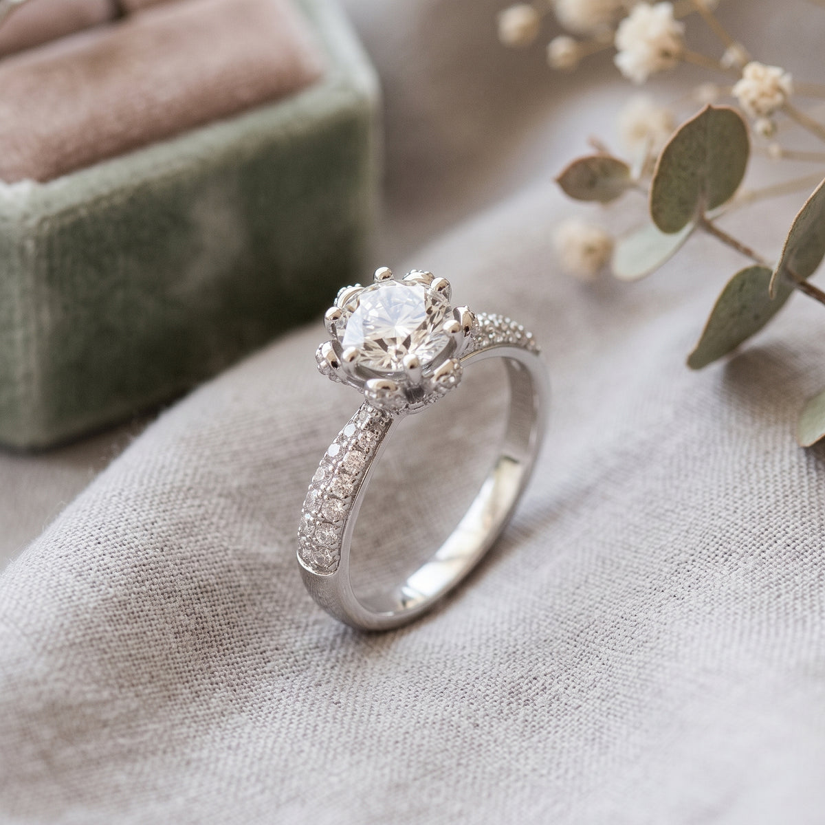 Sterling Silver 1 Carat Moissanite Ring with Pavé Accent Band